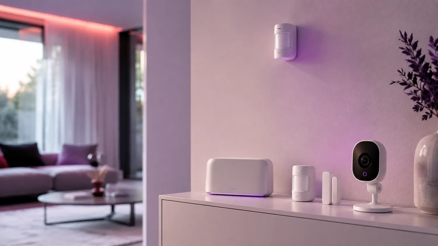 Slimme beveiliging met hub, sensoren en camera in een modern interieur